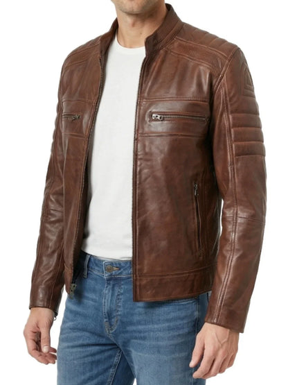 Men's Cognac Brown Leather Cafe Racer Jacket