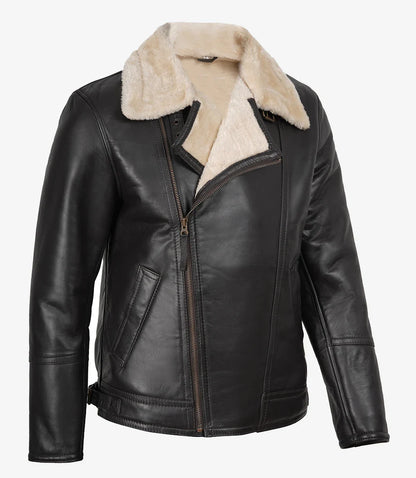Men's Dark Brown Shearling Biker Style Leather Jacket
