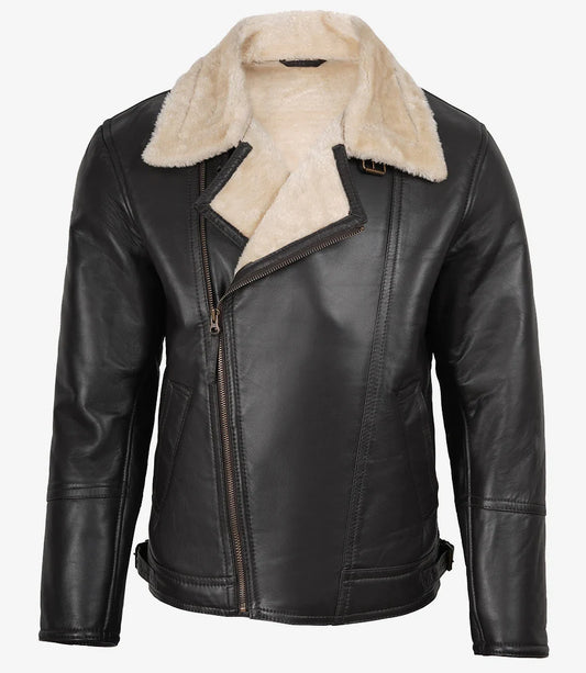 Men's Dark Brown Shearling Biker Style Leather Jacket