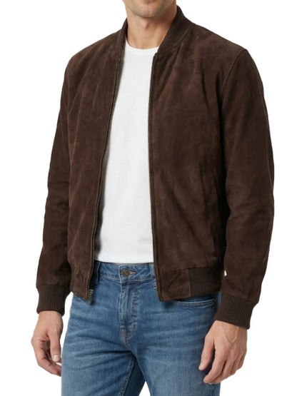 Men's Dark Brown Suede Bomber Jacket