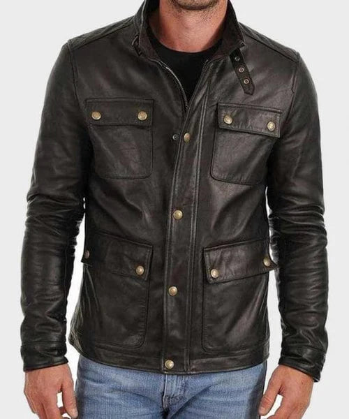 Men's Four Pocket Black Leather Jacket Max Jackets