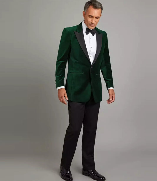 Lance Mens Green Velvet Single Button Tuxedo with Peak Lapel