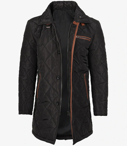 Mens 3/4 Length Black Quilted Polyester Coat With Brown Detailing