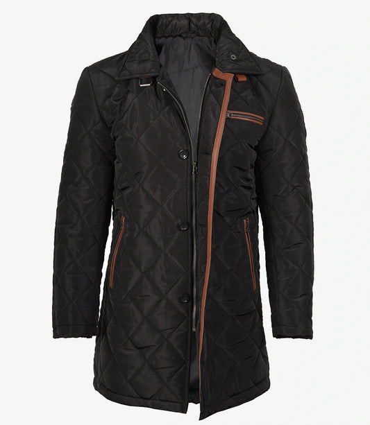Mens 3/4 Length Black Quilted Polyester Coat With Brown Detailing
