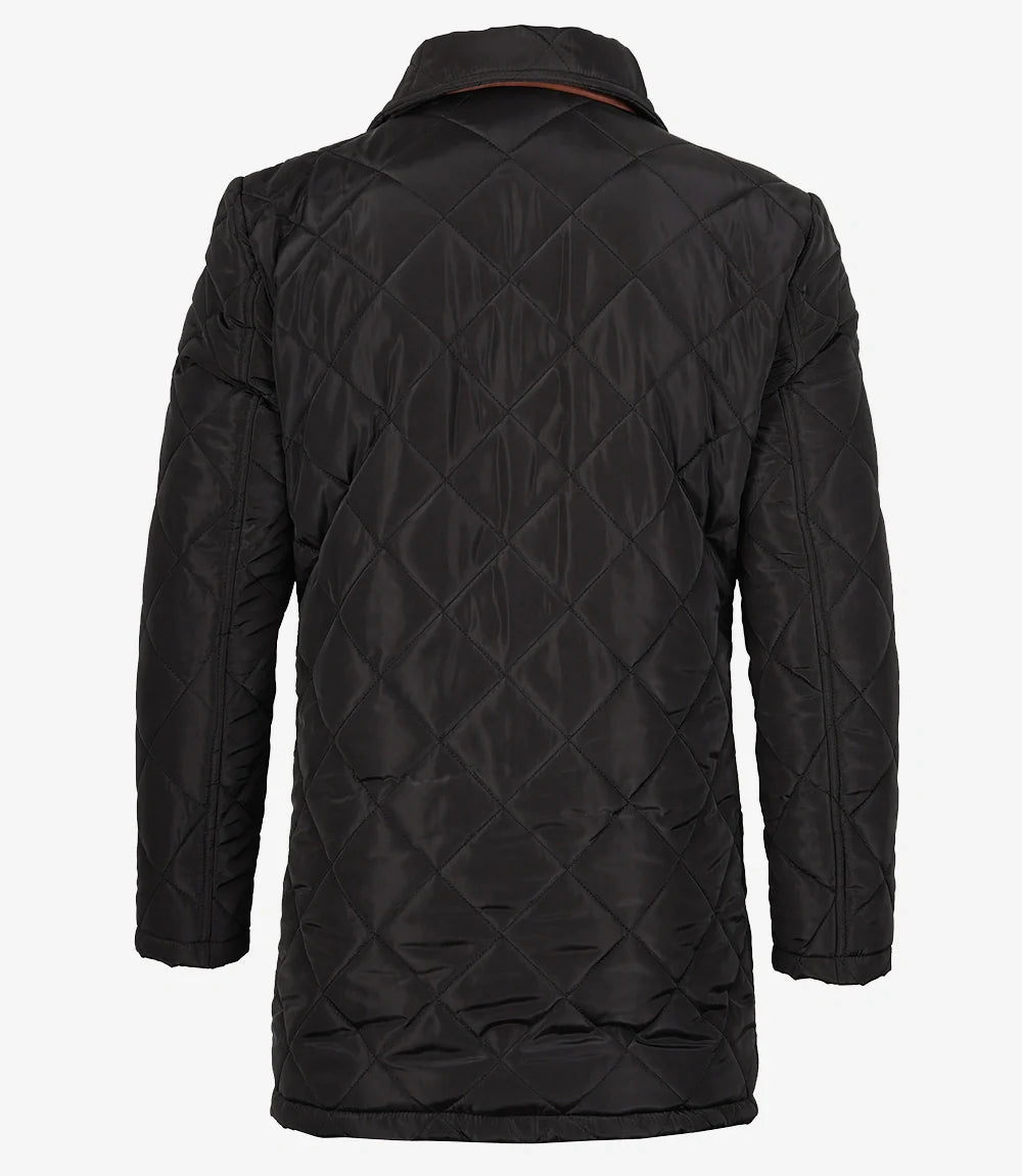 Mens 3/4 Length Black Quilted Polyester Coat With Brown Detailing