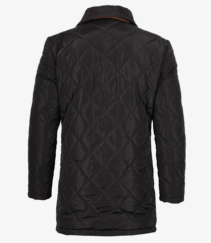 Mens 3/4 Length Black Quilted Polyester Coat With Brown Detailing