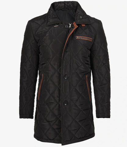 Mens 3/4 Length Black Quilted Polyester Coat With Brown Detailing