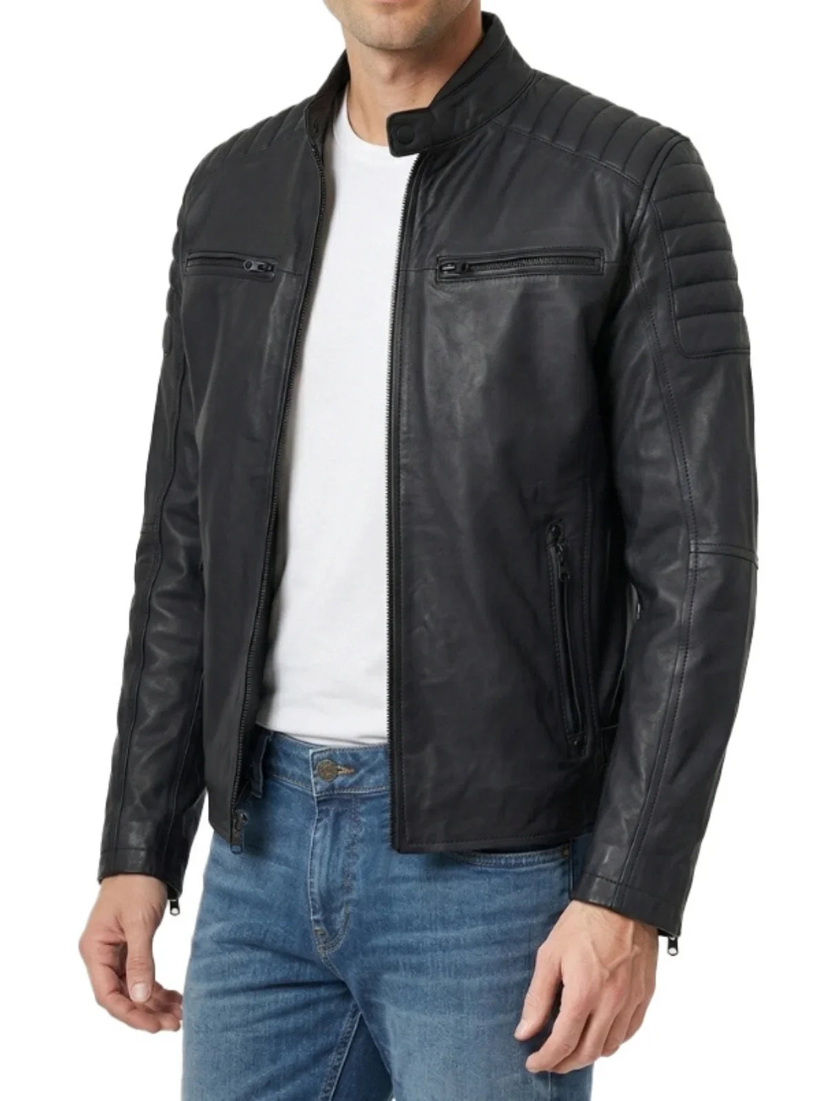 Men's Matte Black Cafe Racer Style Leather Jacket