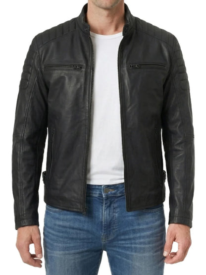 Men's Matte Black Cafe Racer Style Leather Jacket
