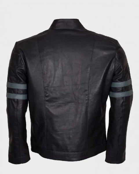 Men's Blue Stripe Mayhem Retro Black Biker Leather Jacket Max Jackets