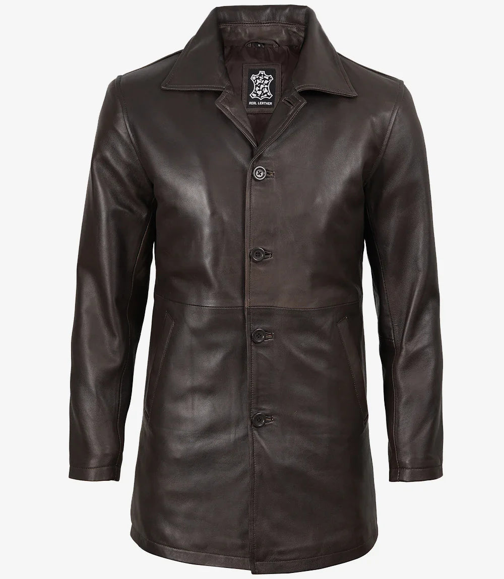 Men's Real Leather 3/4 Length Distressed Brown Coat
