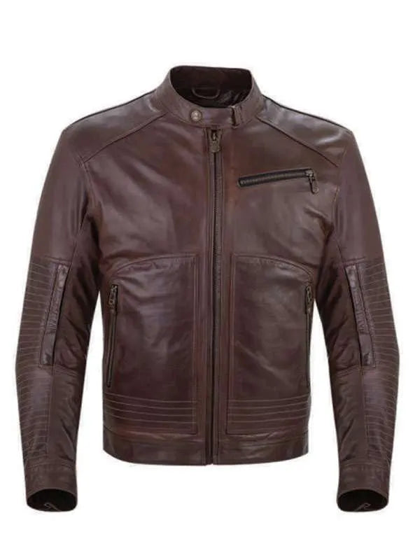 Men’s Snap Tab Brown Leather Biker Jacket Max Jackets