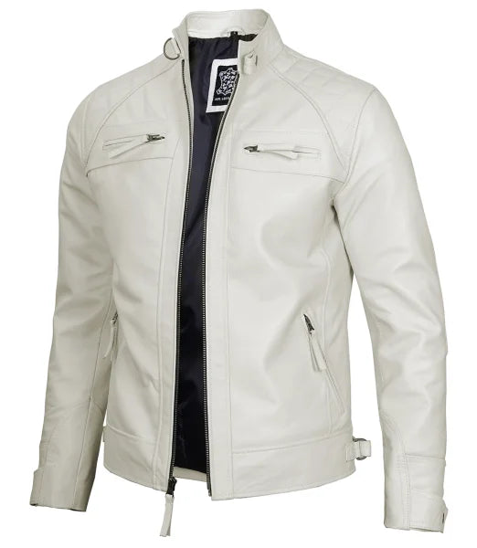 Mens Off White Cafe Racer Leather Jacket | Quilted Detailing Max Jackets