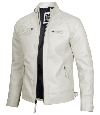 Mens Off White Cafe Racer Leather Jacket | Quilted Detailing Max Jackets