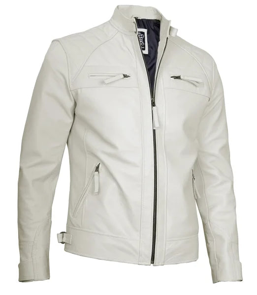 Mens Off White Cafe Racer Leather Jacket | Quilted Detailing Max Jackets