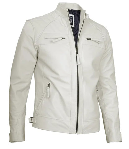 Mens Off White Cafe Racer Leather Jacket | Quilted Detailing Max Jackets