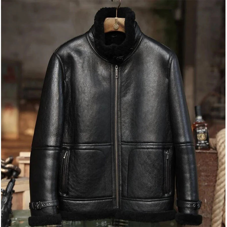 Mens Aviator Black Sheepskin Shearling B3 Bomber Jacket Coat Max Jackets