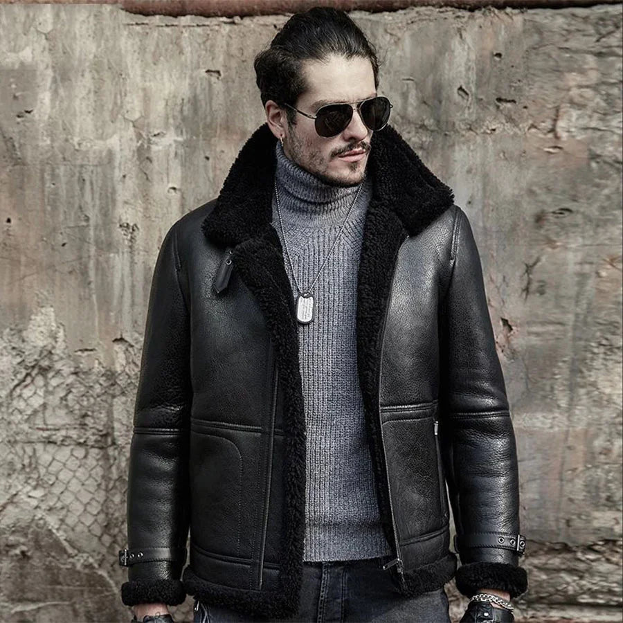 Mens Aviator Black Sheepskin Shearling B3 Bomber Jacket Coat Max Jackets