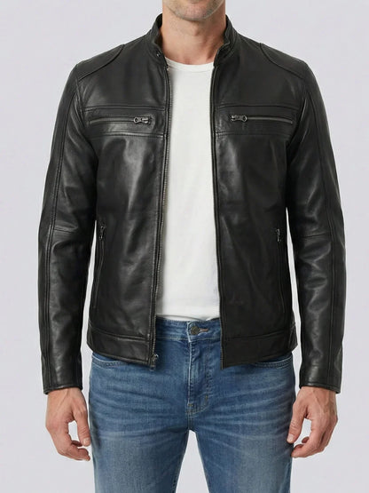Mens Black Lambskin Biker Leather Jacket