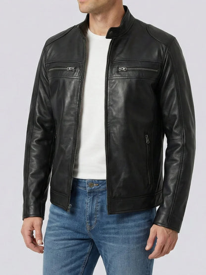 Mens Black Lambskin Biker Leather Jacket