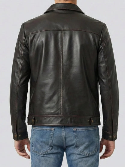 Men's Rub-Off Brown Leather Jacket, Shirt Collar