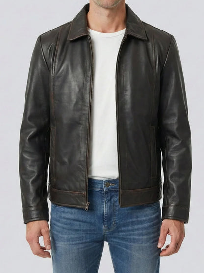 Men's Rub-Off Brown Leather Jacket, Shirt Collar