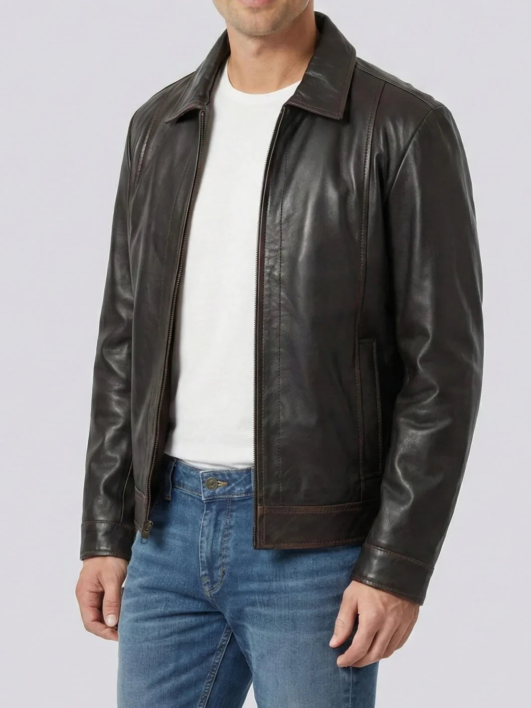 Men's Rub-Off Brown Leather Jacket, Shirt Collar