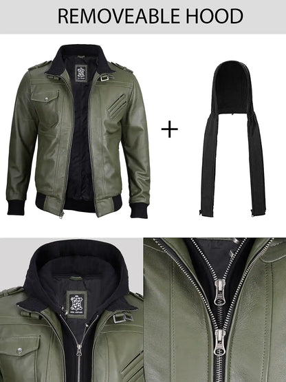 Men's Military Green Leather Jacket with Removable Hood