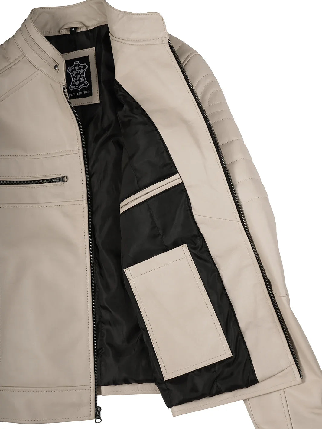 Mens Beige Cafe Racer Style Leather Jacket