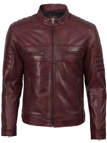 Mens Burgundy Cafe Racer Style Leather Jacket