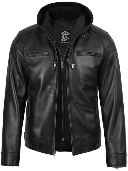 Men's Black Biker Style Leather Jacket with Removable Hood