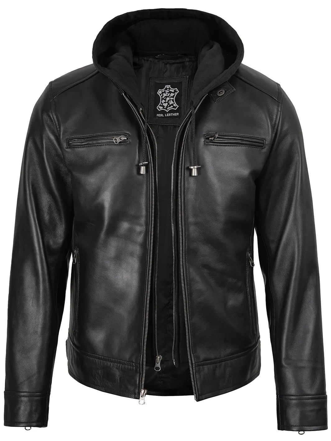 Men's Black Biker Style Leather Jacket with Removable Hood