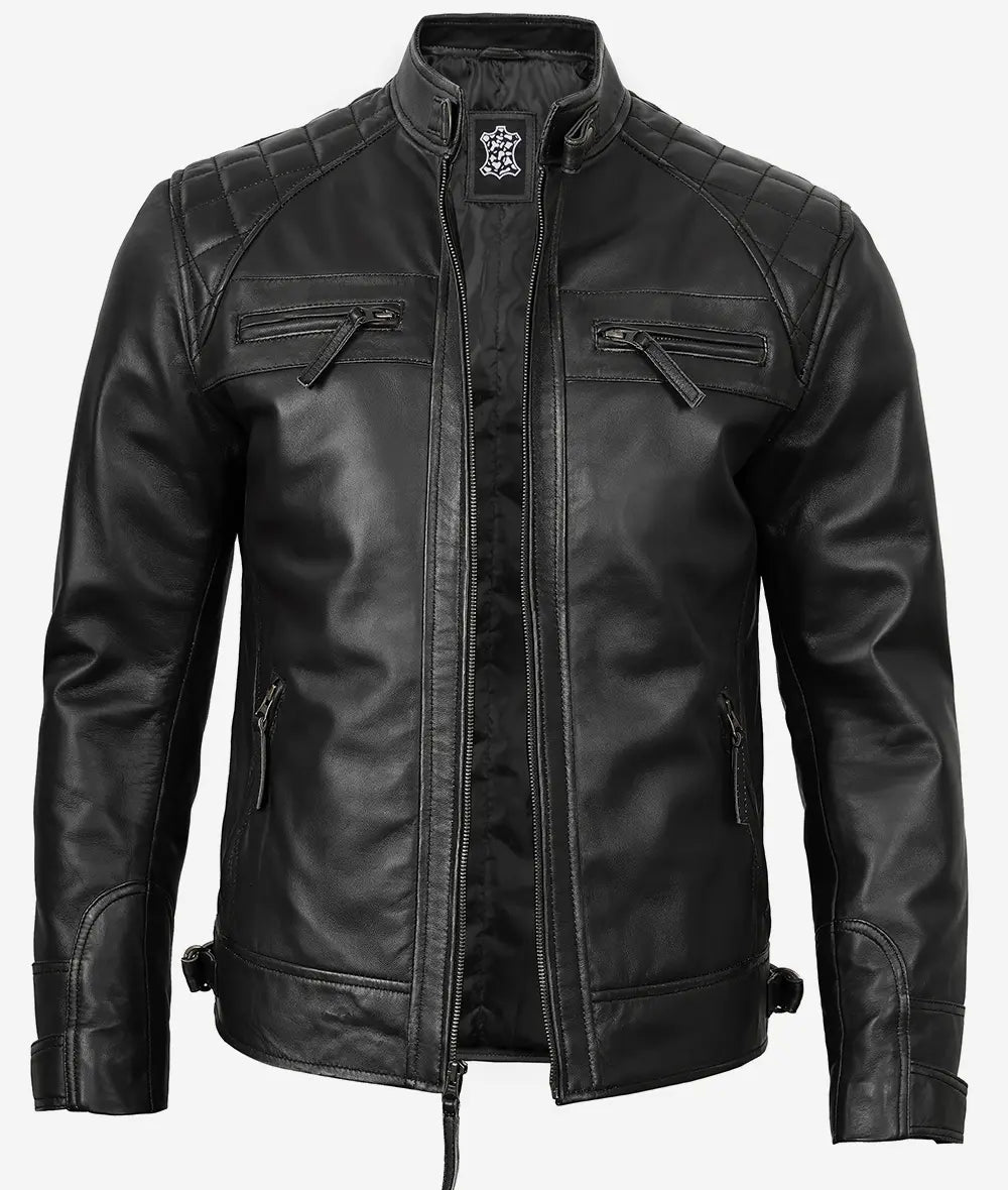 Men's Black Biker Style Leather Jacket - Quilted Shoulder