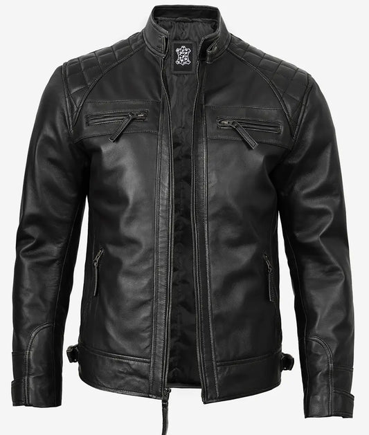 Men's Black Biker Style Leather Jacket - Quilted Shoulder