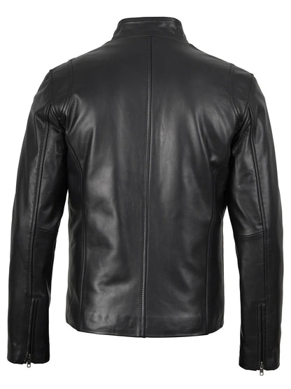 Clinton - Men's Black Cafe Racer Lambskin Leather Jacket