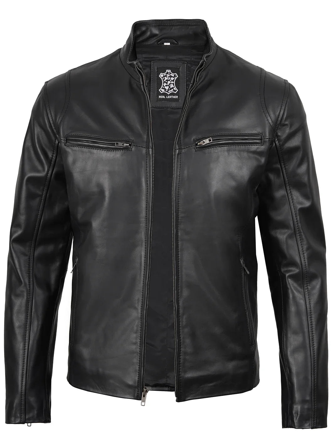 Clinton - Men's Black Cafe Racer Lambskin Leather Jacket