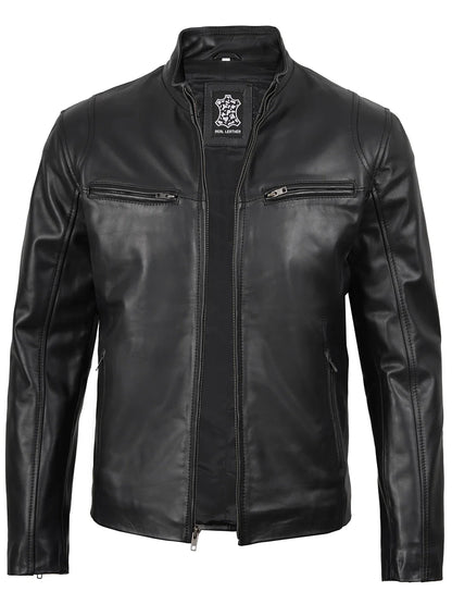 Clinton - Men's Black Cafe Racer Lambskin Leather Jacket