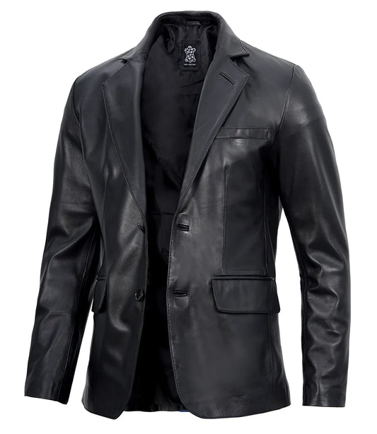 Men's Black Two-Button Leather Blazer