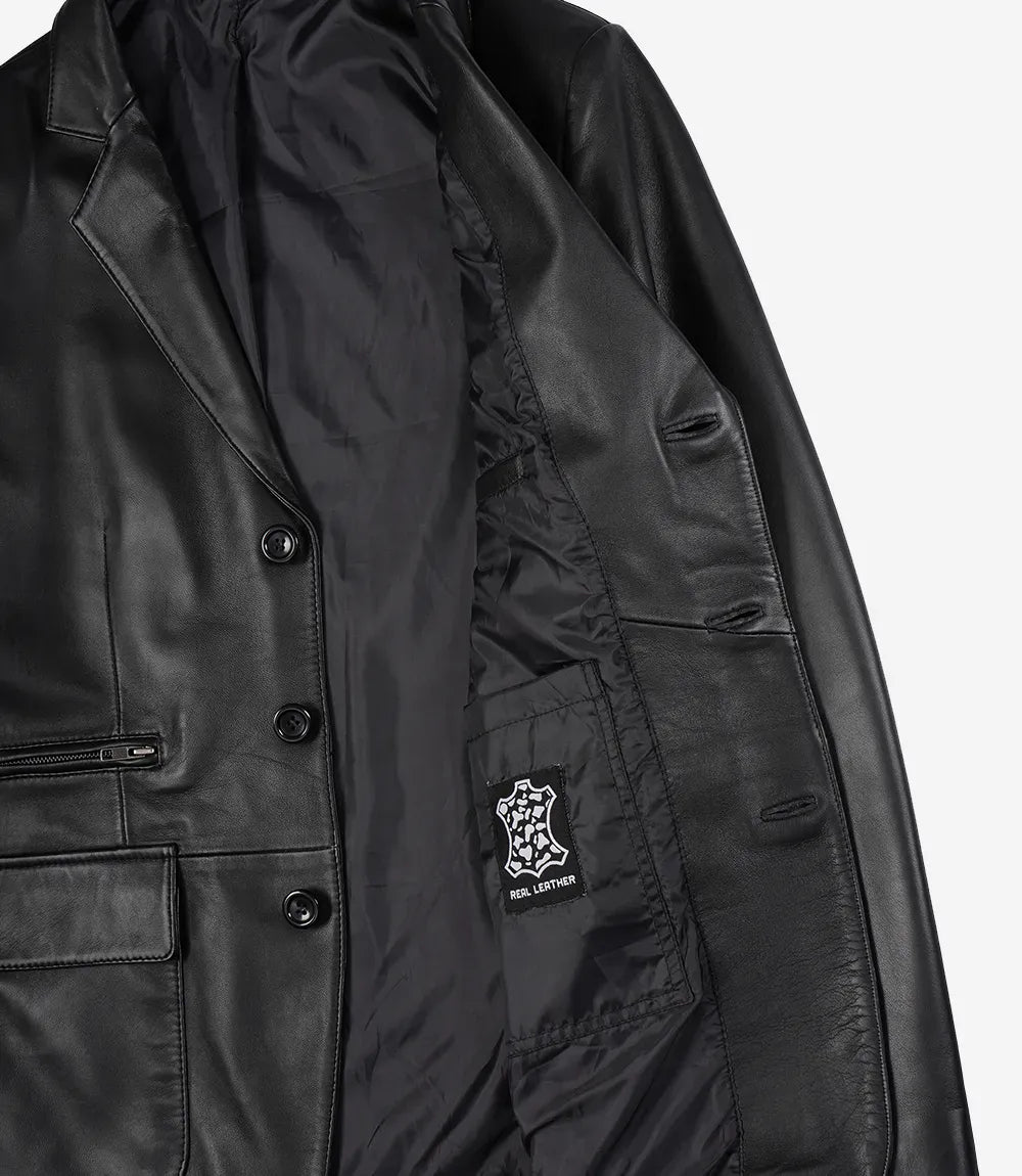 Men's Black Three Button Lambskin Leather Blazer