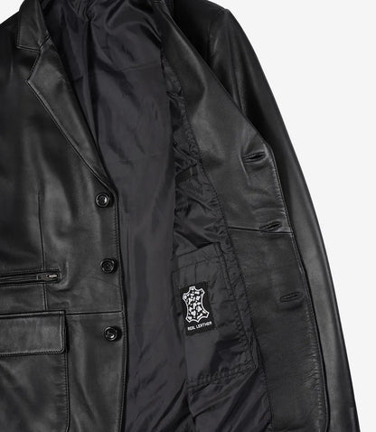 Men's Black Three Button Lambskin Leather Blazer