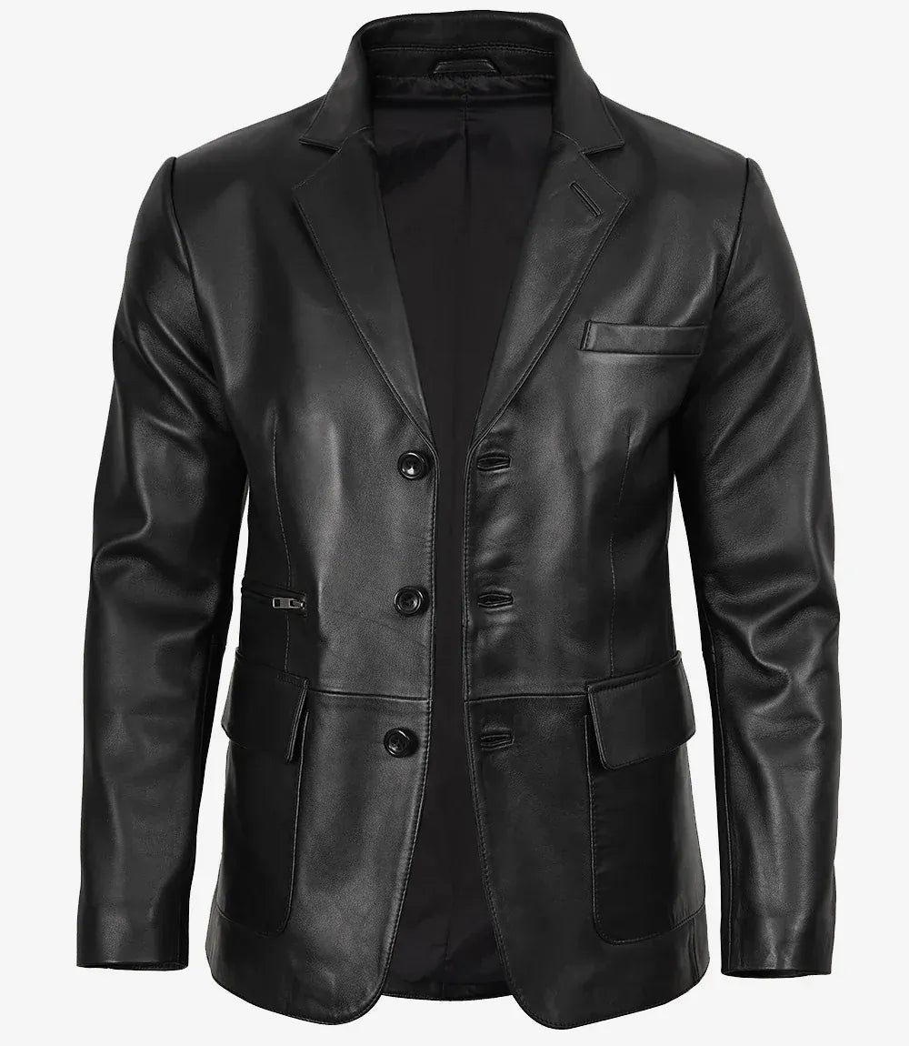 Men's Black Three Button Lambskin Leather Blazer