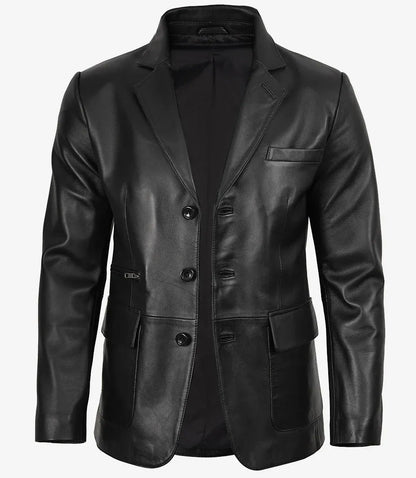 Men's Black Three Button Lambskin Leather Blazer