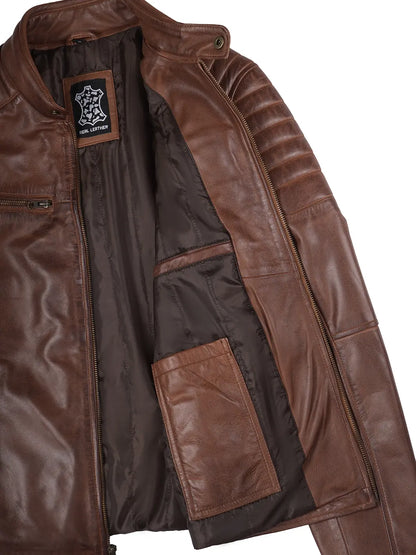Mens Cognac Brown Cafe Racer Style Leather Jacket