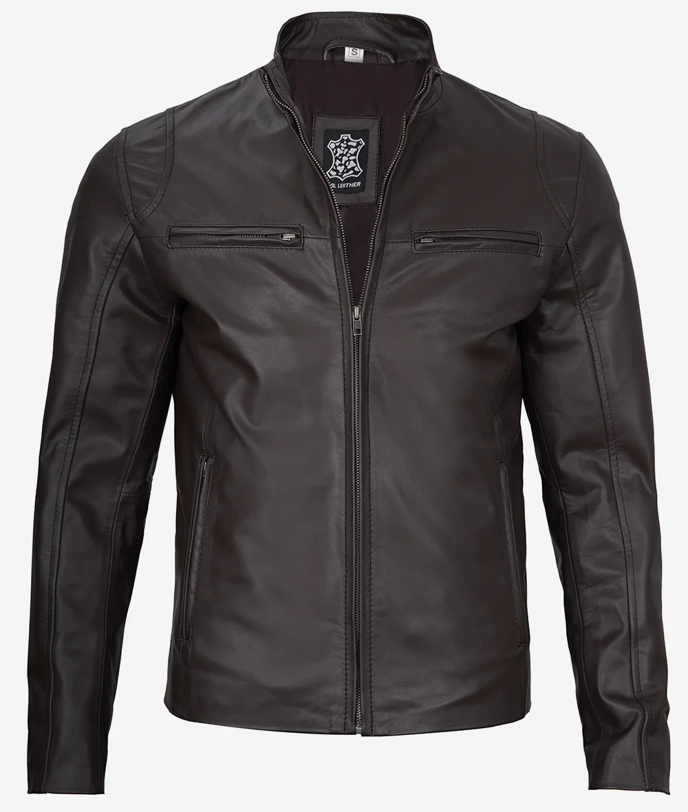 Mens Classic Dark Brown Cafe Racer Leather Jacket Max Jackets