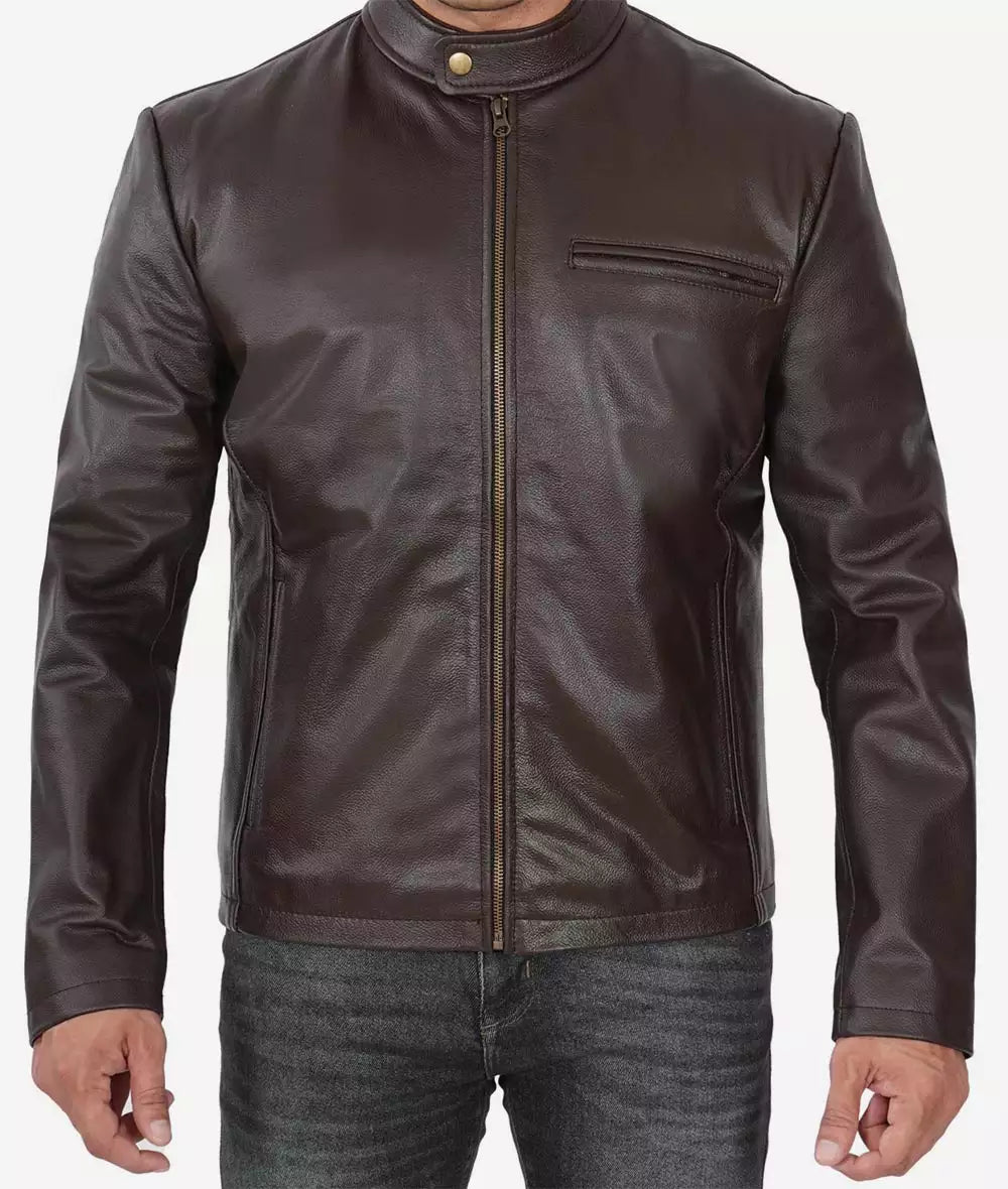 Mens Dark Brown Premium Cowhide Leather Cafe Racer Jacket Max Jackets