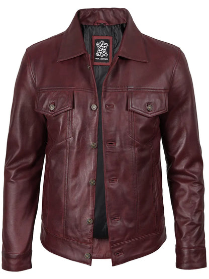 Men's Burgundy Real Leather Trucker Jacket