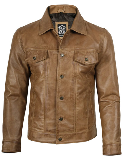 Men's Trucker Style Camel Brown Leather Jacket