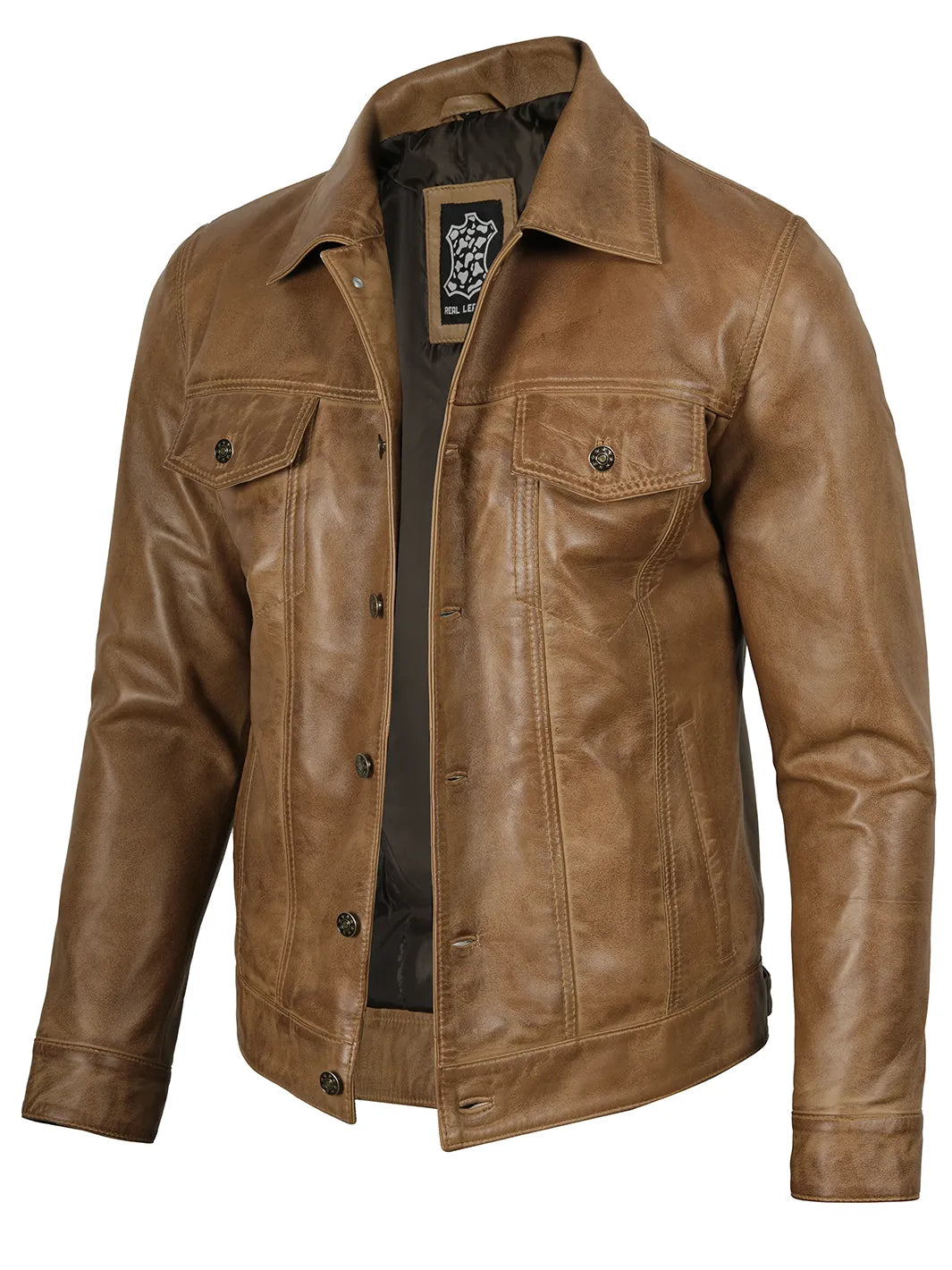 Men's Trucker Style Camel Brown Leather Jacket