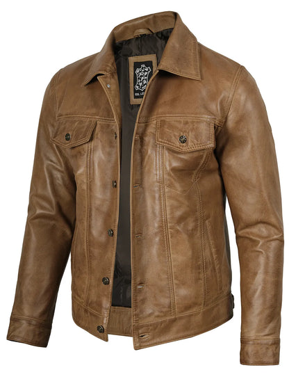 Men's Trucker Style Camel Brown Leather Jacket