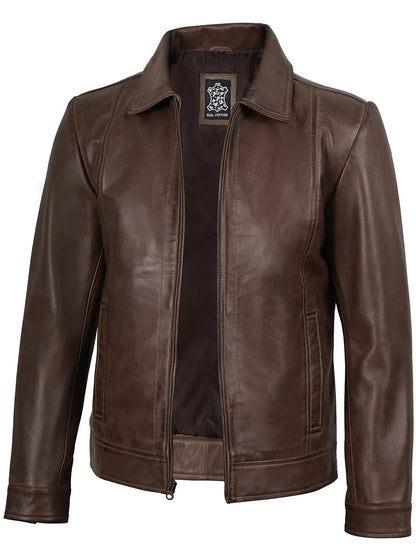 Men's Chocolate Brown Leather Harrington Jacket